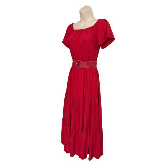 NY Collection Red Tiered Short Flutter Sleeve Midi Dress - Picture 4 of 14